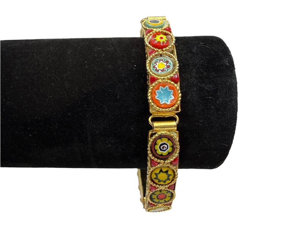 VTG Italian Micromosaic Millefiori Panel Bracelet Gold Tone Floral Inlay Link 7"